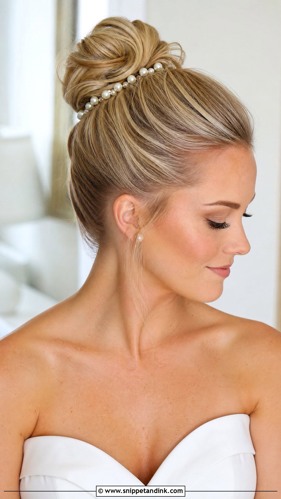 High Bridal Bun With Pearls - Snippet and Ink - 15 Bridal Updo with Pearls Ideas