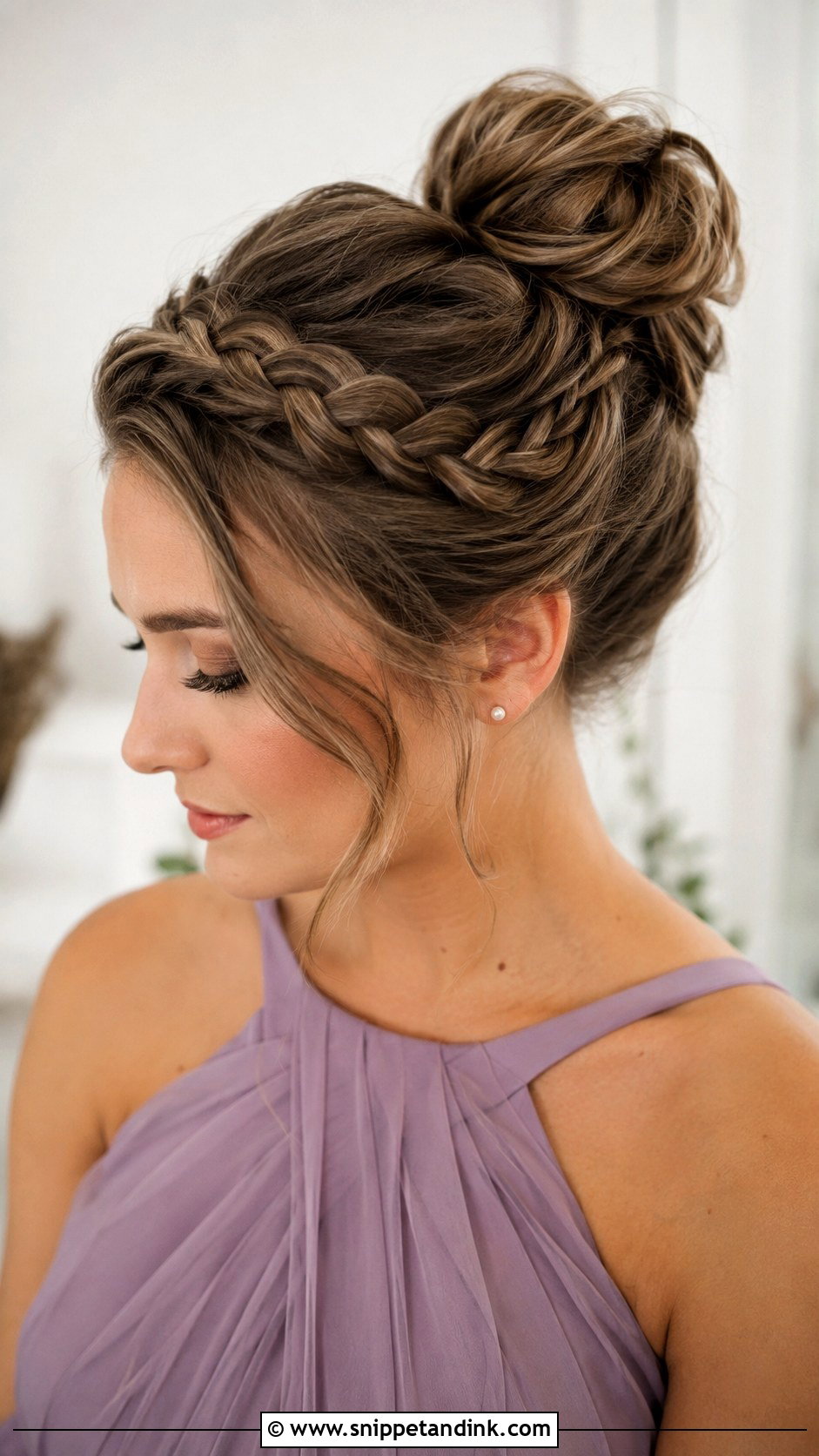 High Bun Bridesmaid Hair With Crown Braid - Snippet and Ink - 20 High Bun Bridesmaid Hair Ideas