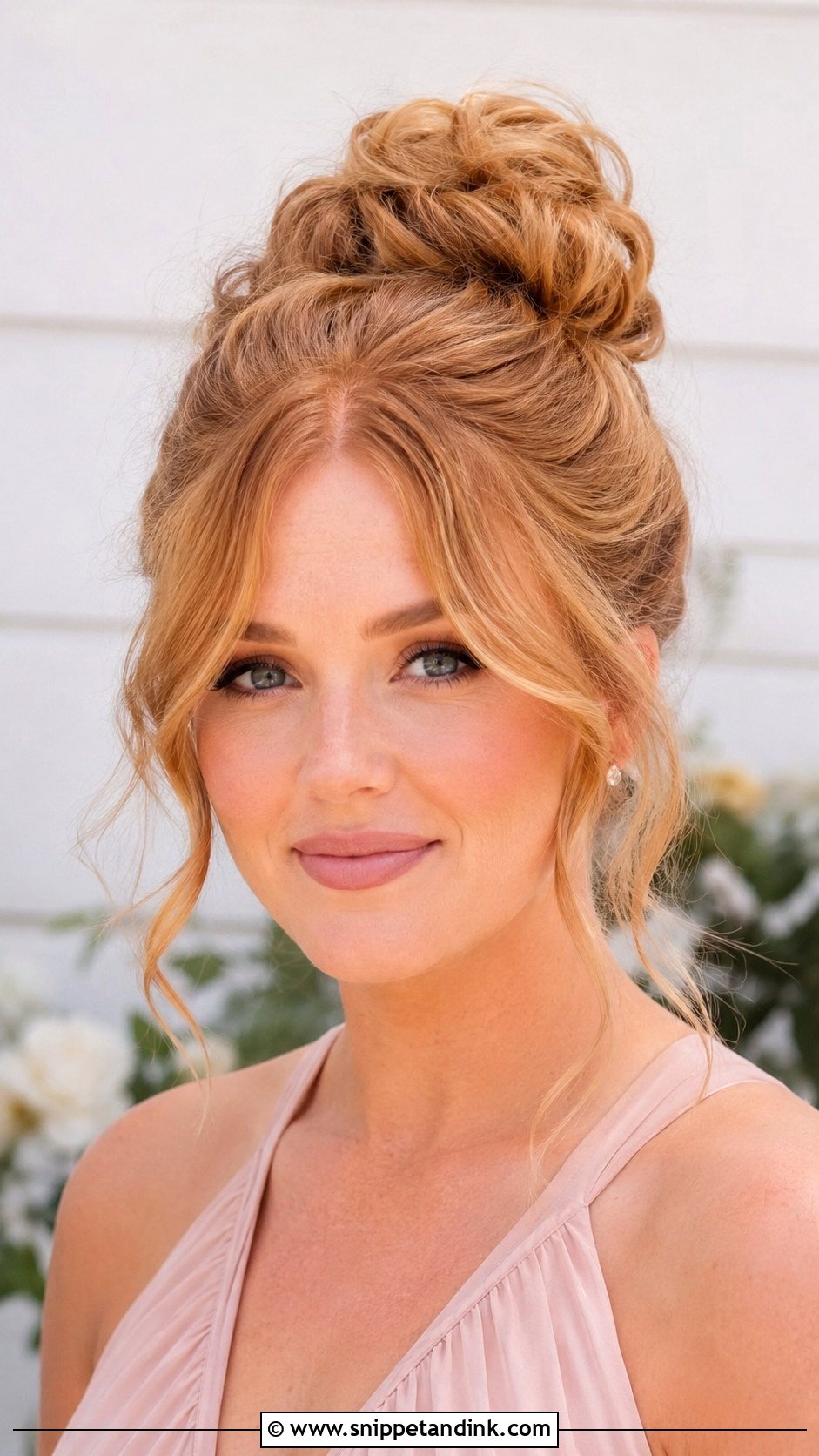 High Bun Bridesmaid Hair With Curtain Bangs - Snippet and Ink - 20 High Bun Bridesmaid Hair Ideas