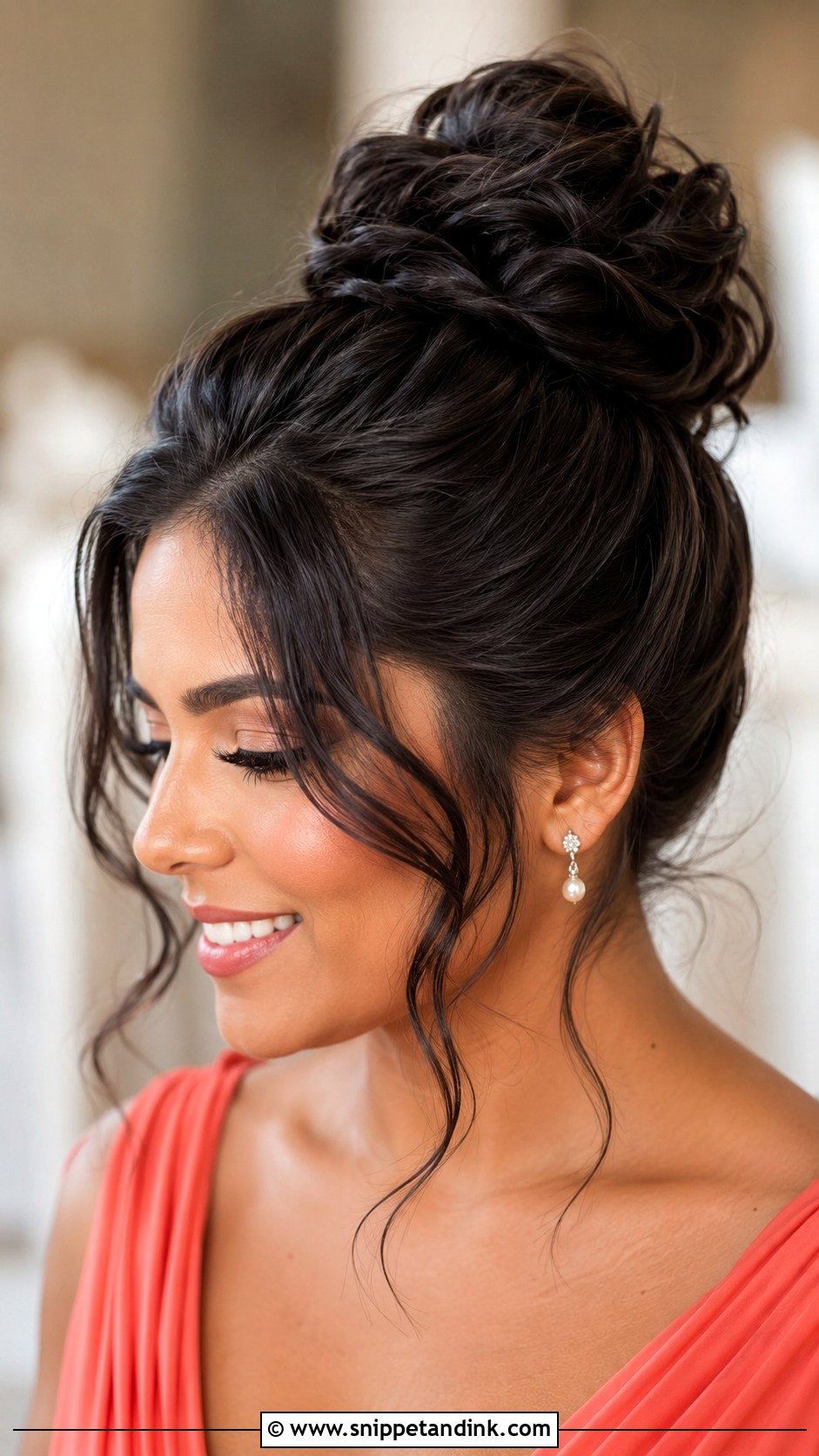High Bun Bridesmaid Hair With Face Framing Bangs - Snippet and Ink - 25 Bridesmaid Hair with Bangs Ideas