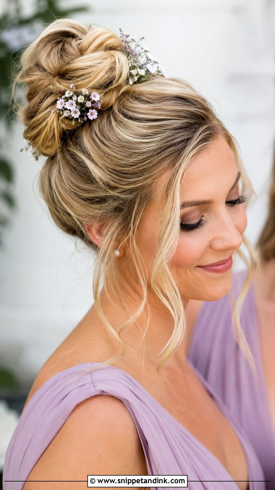 High Bun Bridesmaid Hair With Floral Pins - Snippet and Ink - 20 High Bun Bridesmaid Hair Ideas
