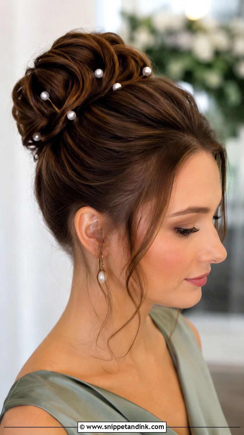 High Bun Bridesmaid Hair With Pearl Pins - Snippet and Ink - 20 High Bun Bridesmaid Hair Ideas