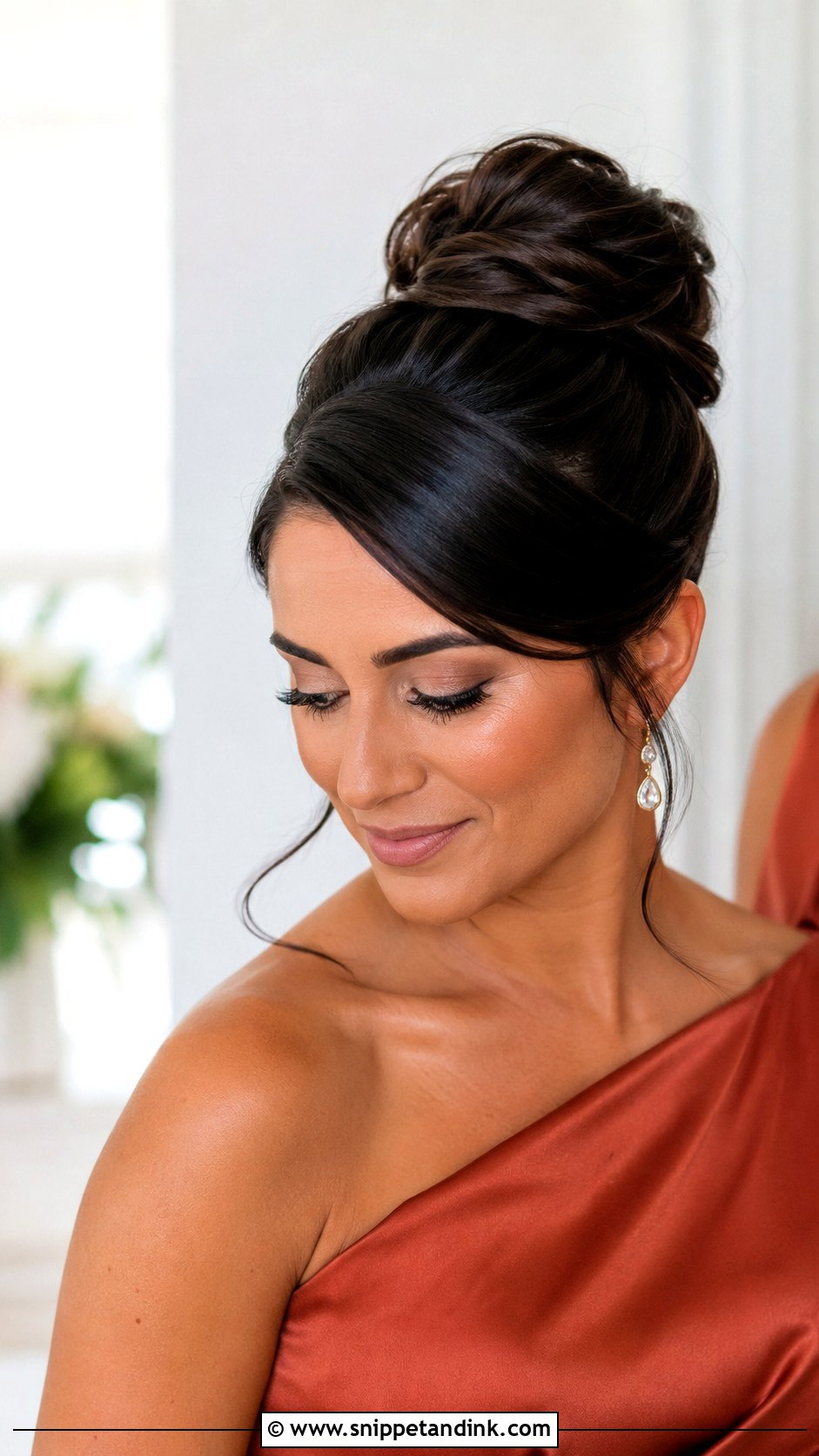 High Bun Bridesmaid Hair With Side Part - Snippet and Ink - 20 High Bun Bridesmaid Hair Ideas