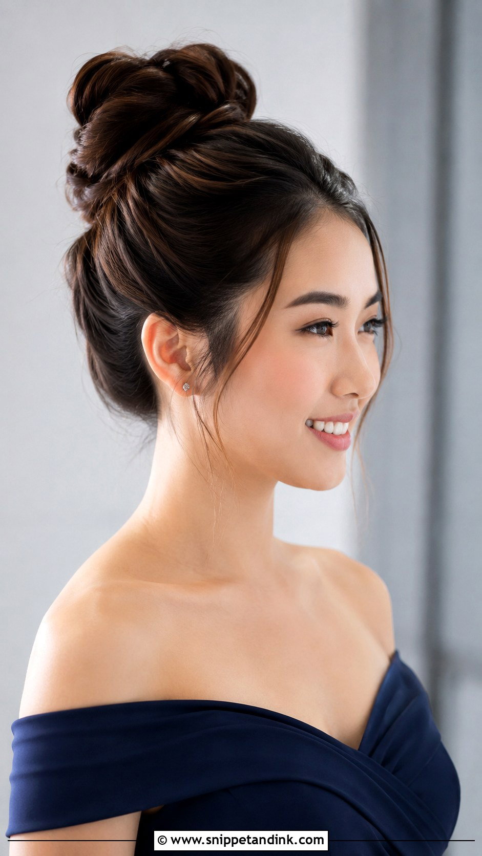 High Bun Bridesmaid Hairstyle With Off Shoulder Dress - Snippet and Ink - 20 Bridesmaid Hairstyles with Off Shoulder Dress