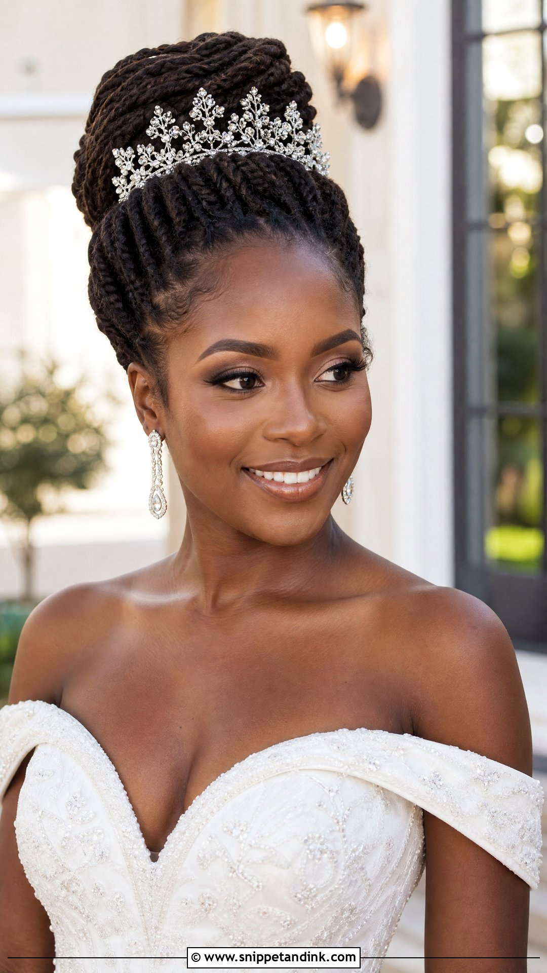 High Bun Loc Updo With Tiara - Snippet and Ink - 20 Loc Bridal Hairstyles