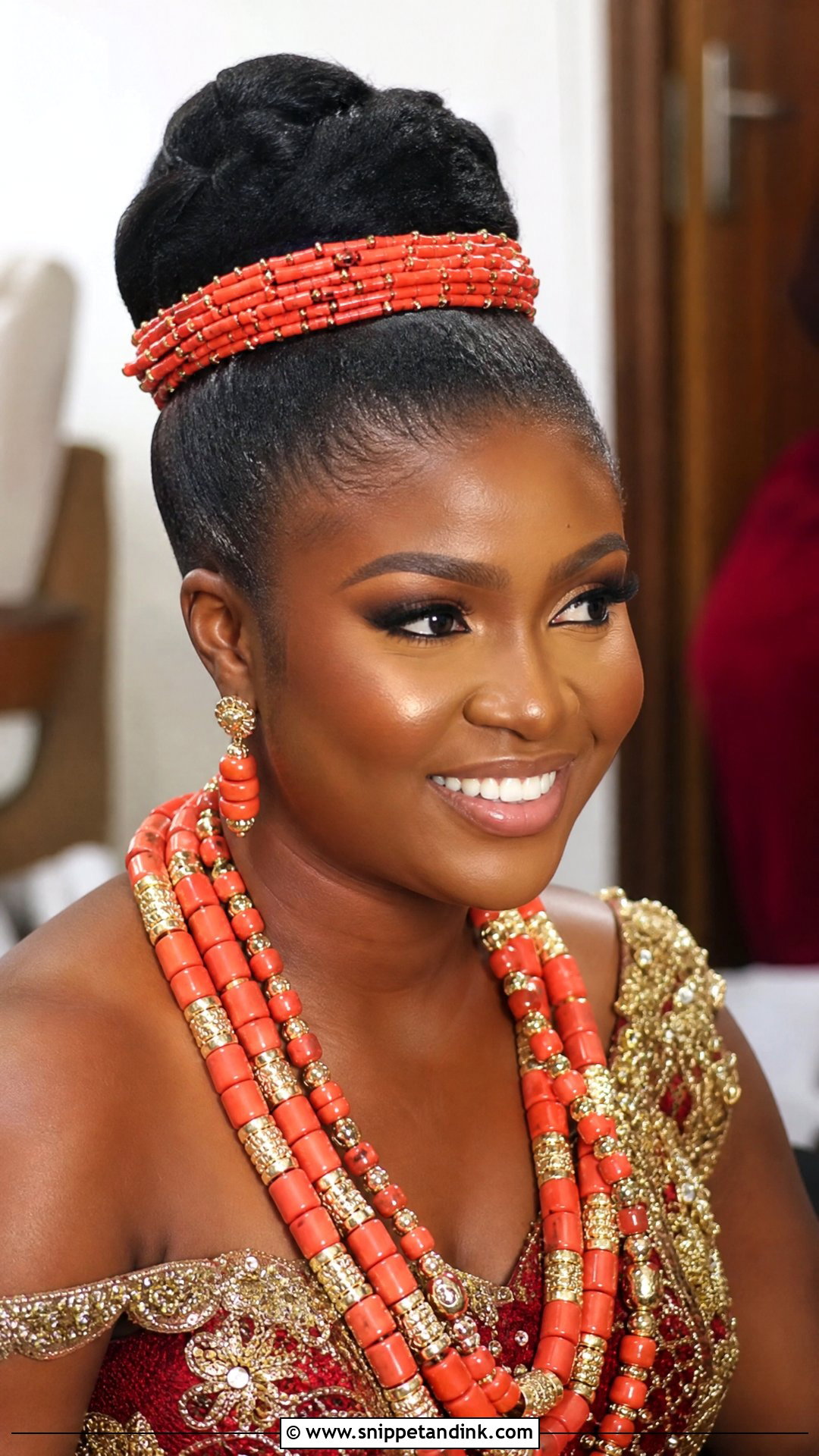High Bun Updo With Coral Crown - Snippet and Ink - 20 Nigerian Bridal Hairstyles