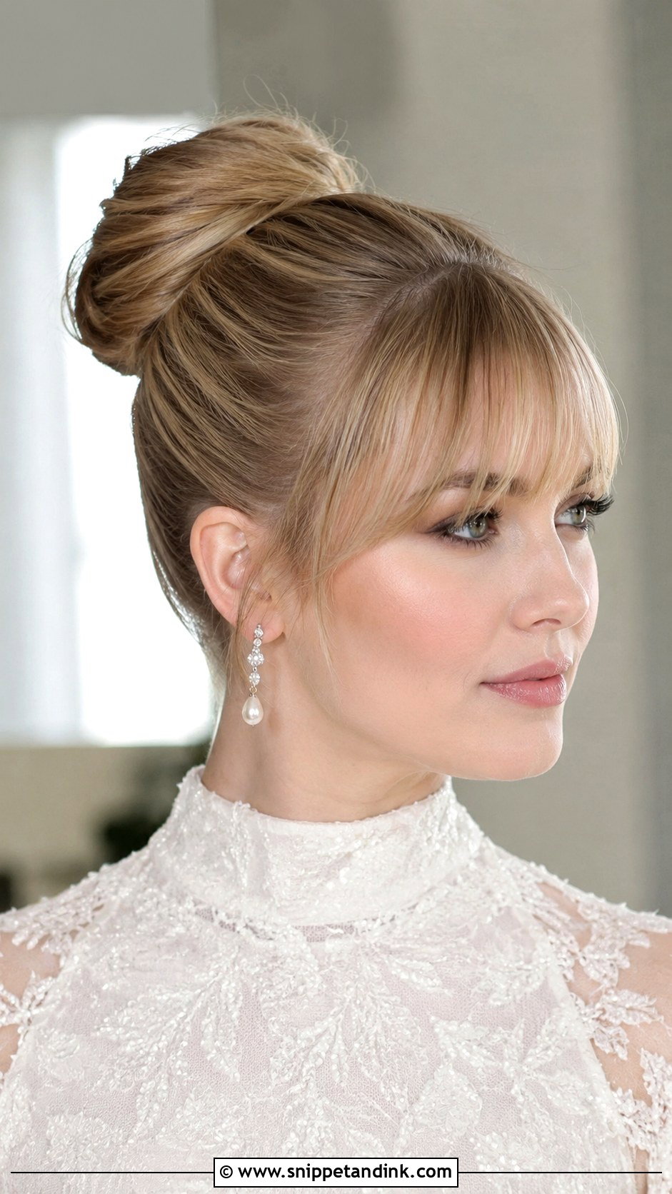 High Bun Wedding Hair With Bangs - Snippet and Ink - 20 Bride Hair with Bangs