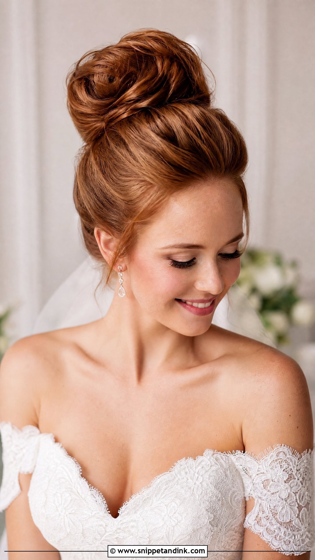 High Bun Wedding Hairstyle For Off Shoulder Dress - Snippet and Ink - 20 Wedding Hairstyles for Long Hair Off Shoulder Dress