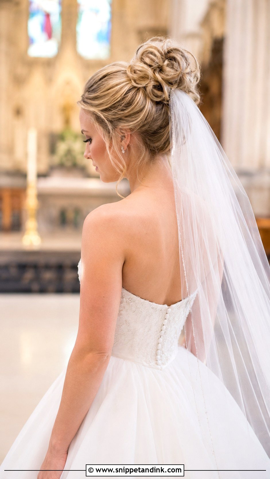 High Bun With Bridal Veil on Top - Snippet and Ink - 25 High Messy Bun Wedding Hair Ideas