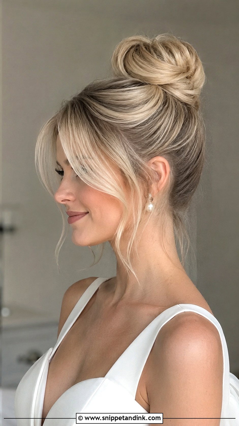High Bun With Curtain Bangs - Snippet and Ink - 20 Bridal Hair with Curtain Bangs