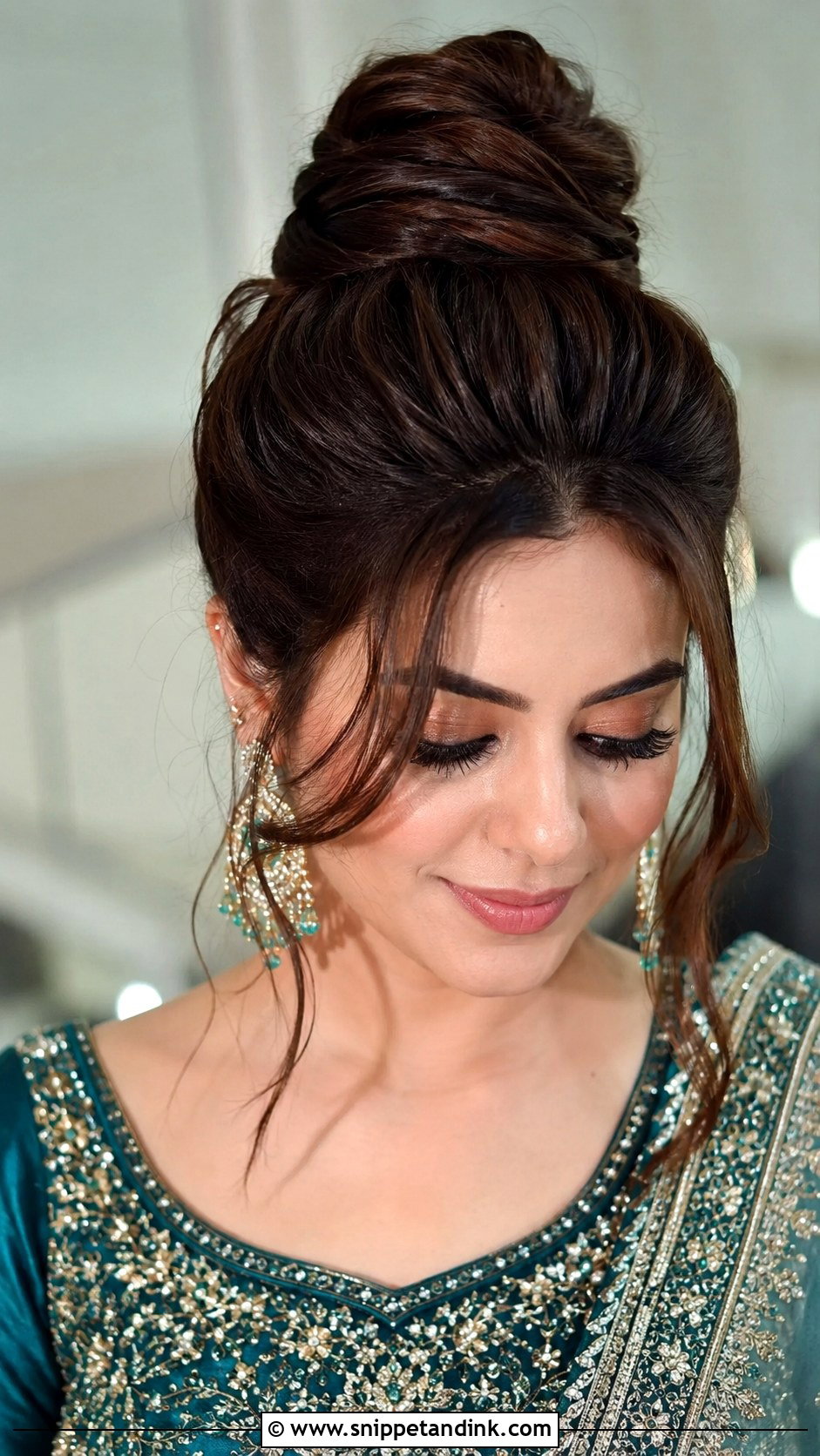 High Bun With Curtain Bangs - Snippet and Ink - 25 Indian Front Look Bridal Bun Hairstyles