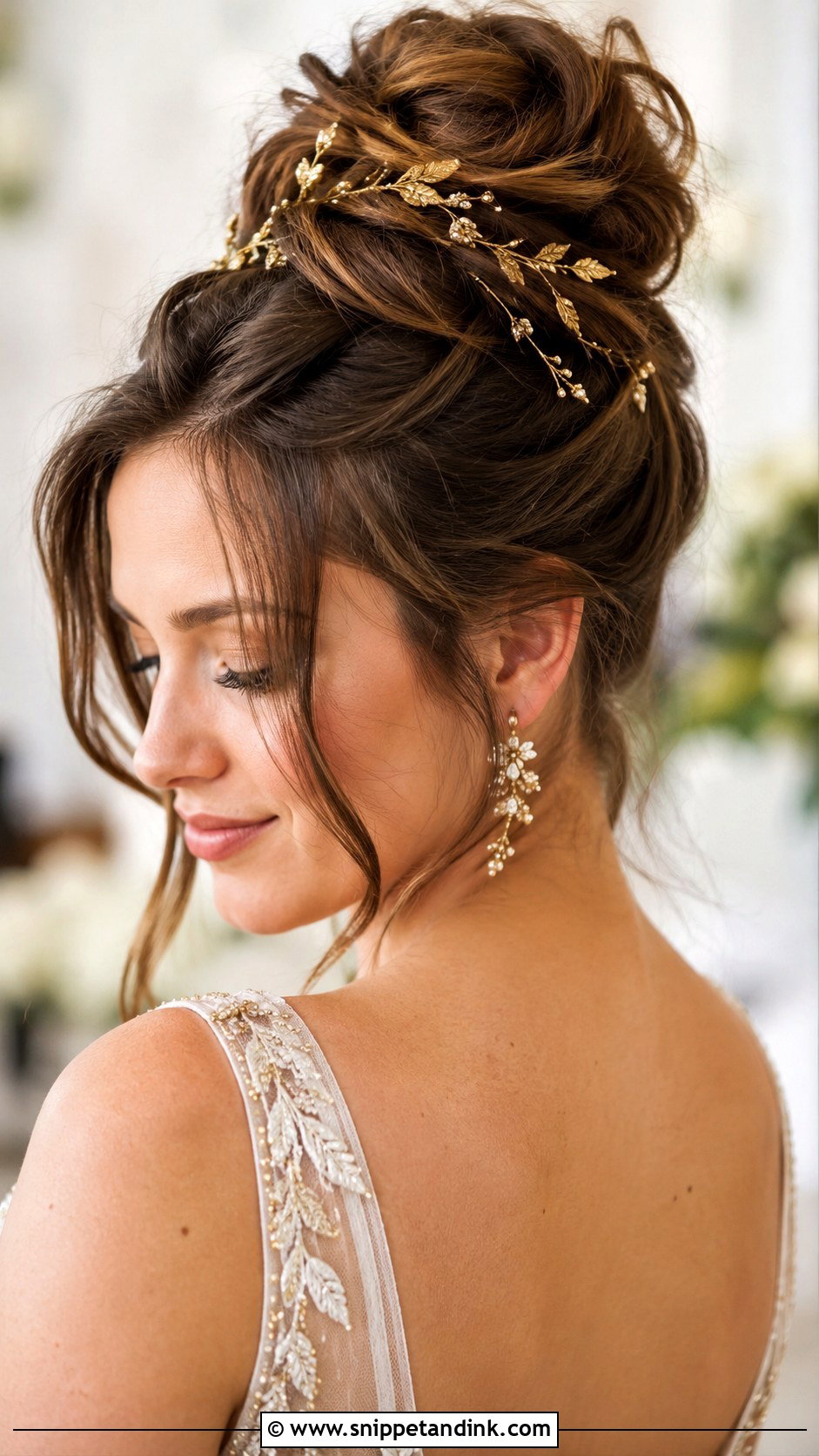 High Bun With Gold Hair Accessories - Snippet and Ink - 30 High Bun Wedding Hair Ideas