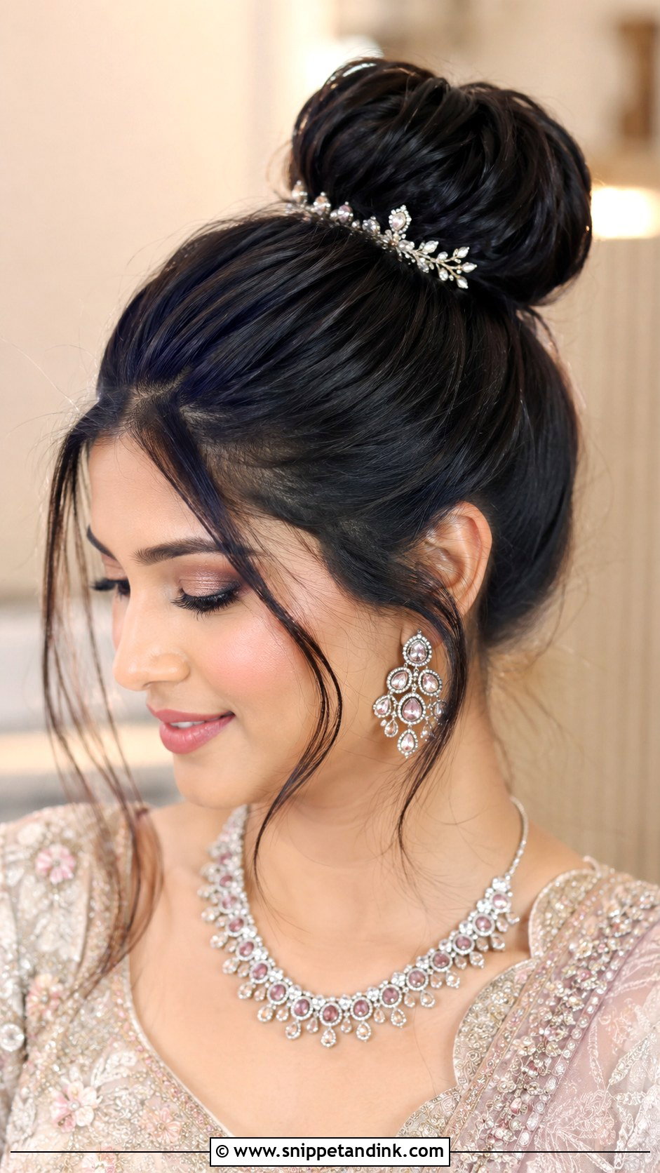 High Bun With Loose Strands - Snippet and Ink - 30 Hairstyles for Engagement Bride