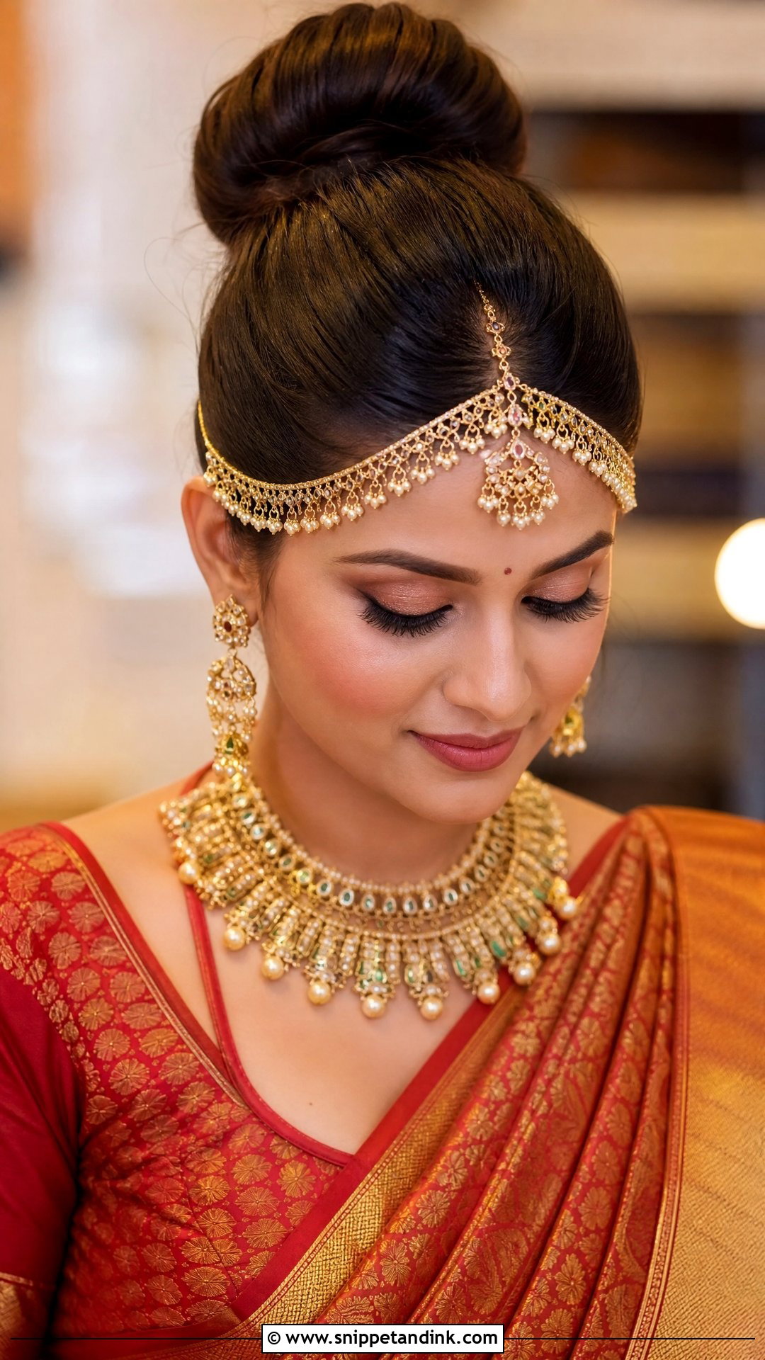 High Bun With Matha Patti - Snippet and Ink - 25 Indian Wedding Hairstyle Ideas