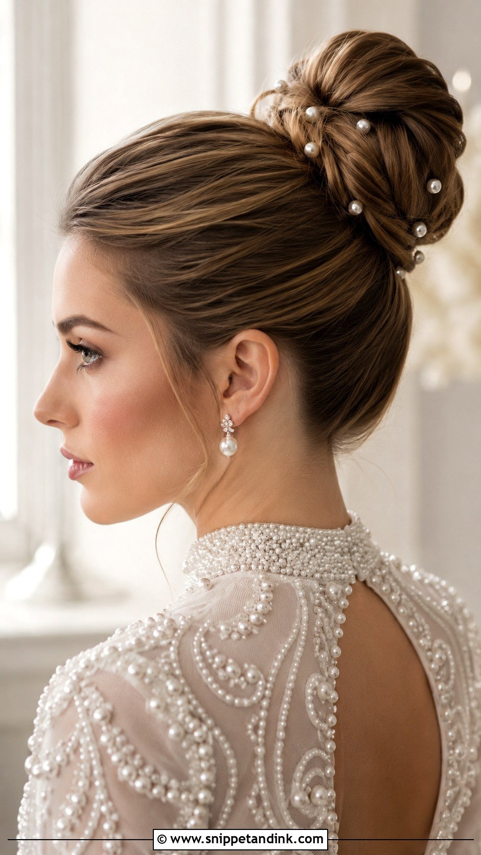 High Bun With Pearl Accessories - Snippet and Ink - 25 High Bun Wedding Ideas