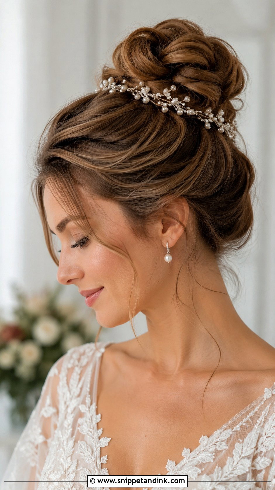 High Bun With Pearl Headpiece - Snippet and Ink - 30 High Bun Wedding Hair Ideas