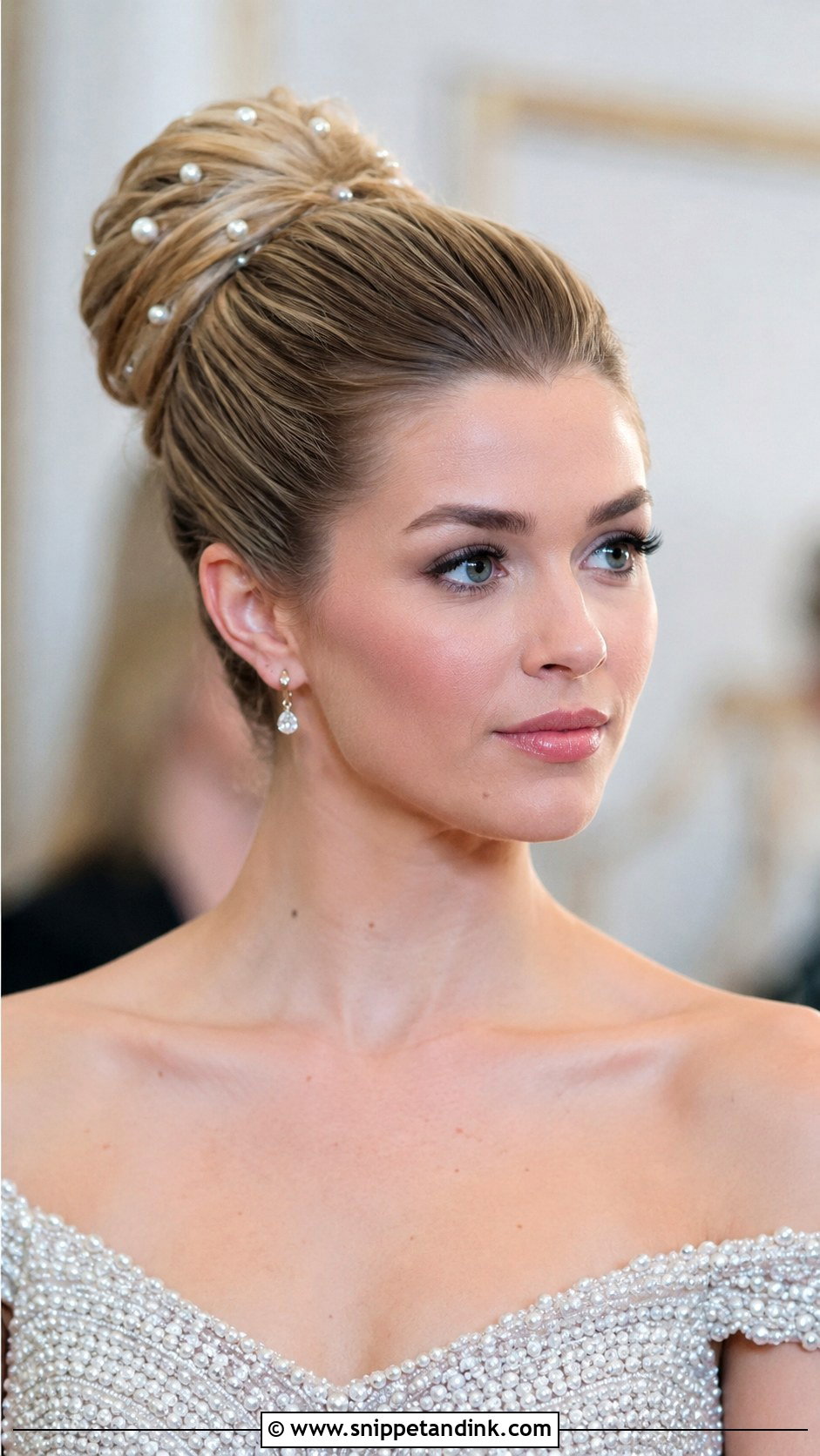 High Bun With Pearls - Snippet and Ink - 35 Bridal Bun Ideas