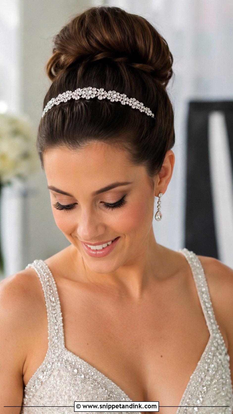 High Bun With Rhinestone Headband - Snippet and Ink - 30 High Bun Wedding Hair Ideas