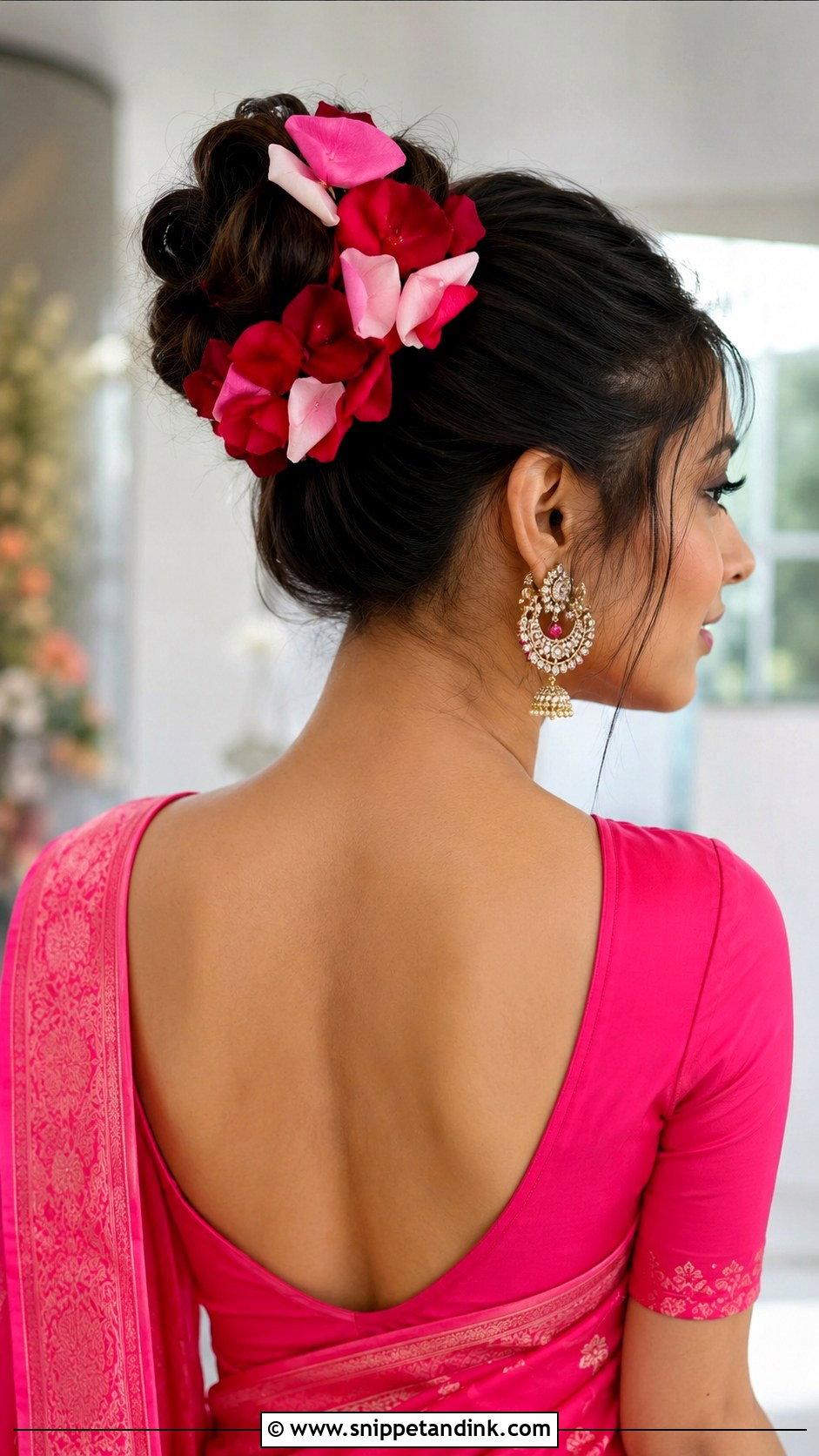 High Bun With Rose Petals - Snippet and Ink - 20 Valaikappu Hairstyles