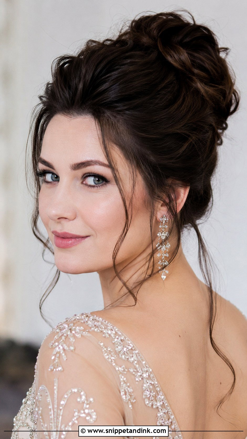 High Bun With Soft Texture - Snippet and Ink - 25 Shoulder Length Wedding Hair Ideas