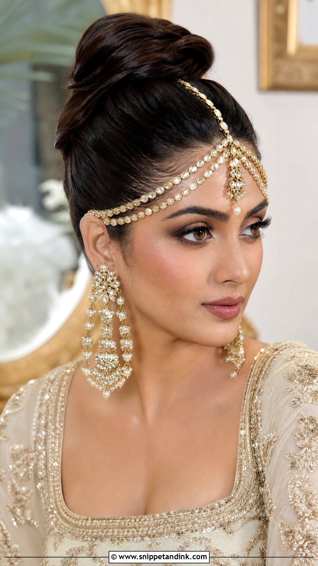 High Bun With Statement Jewelry - Snippet and Ink - 20 Walima Bridal Hairstyle Ideas