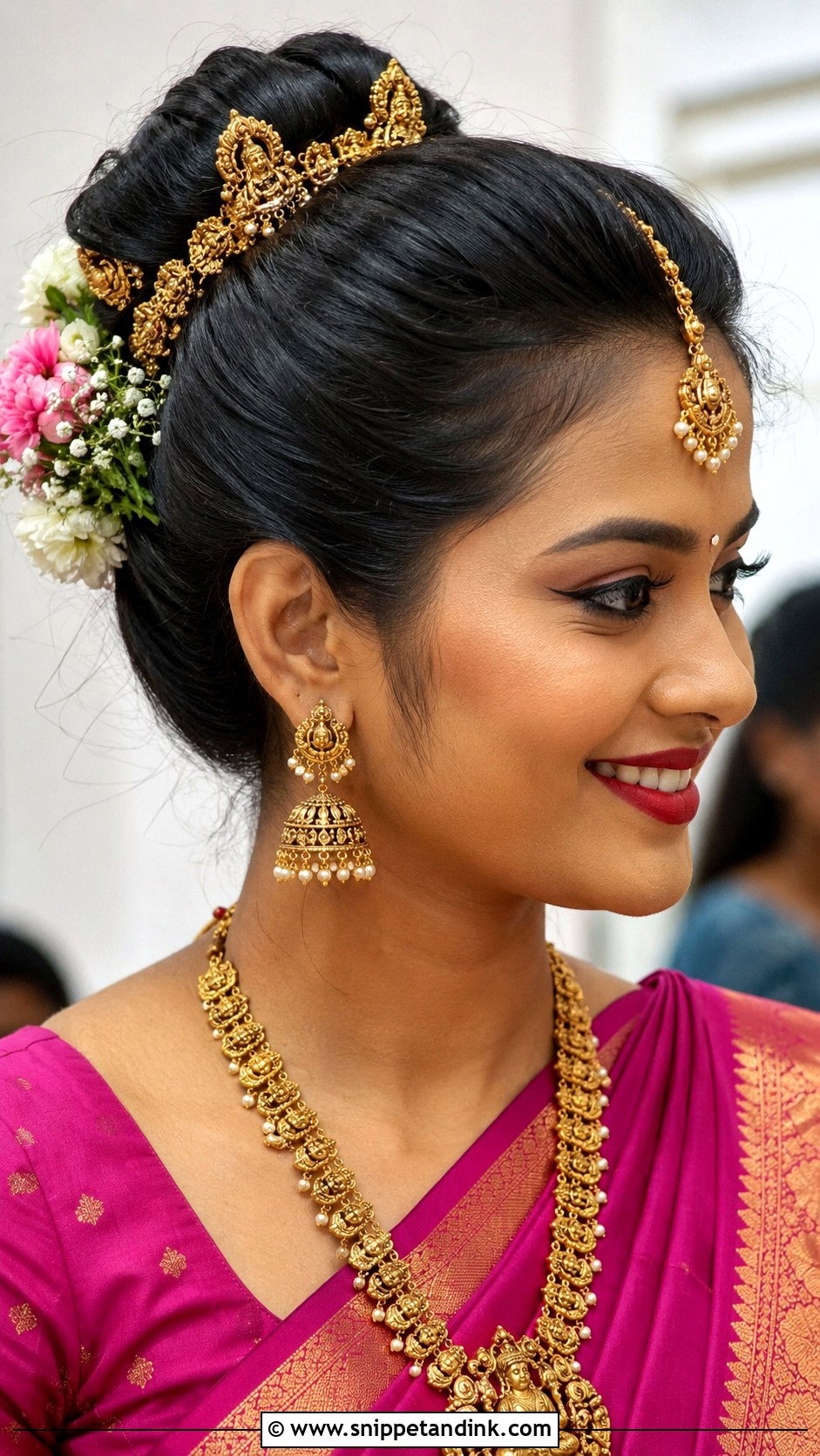 High Bun With Temple Jewelry - Snippet and Ink - 25 South Indian Bride Engagement Hairstyle Ideas