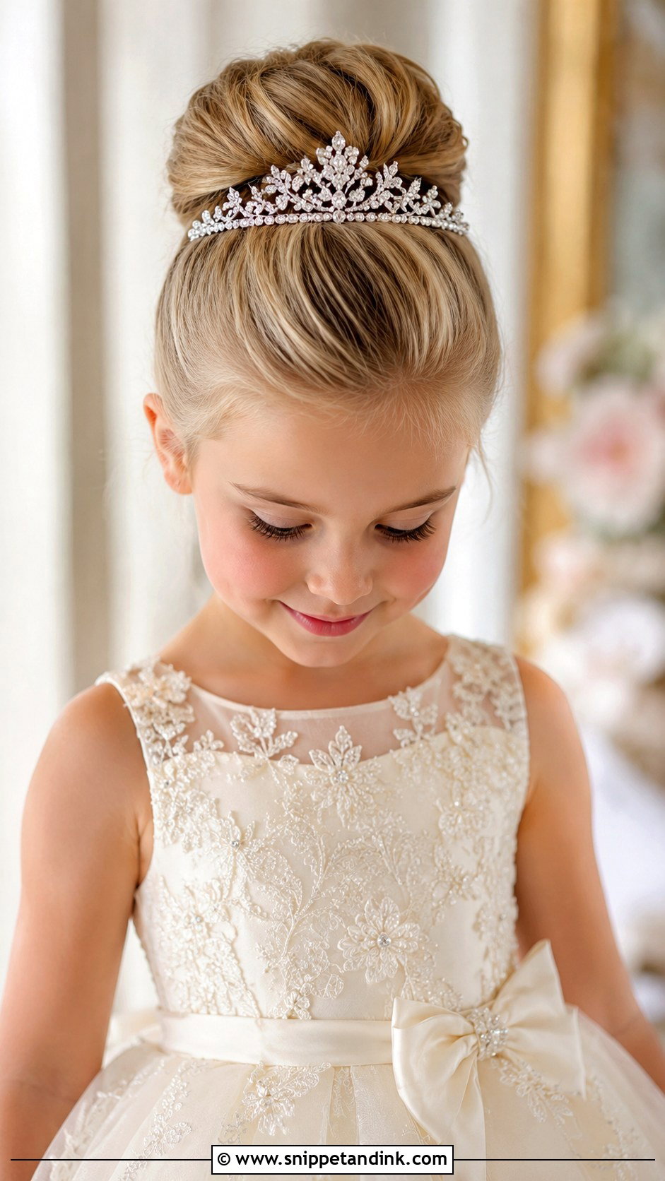 High Bun With Tiara - Snippet and Ink - 20 Girls Wedding Hairstyles