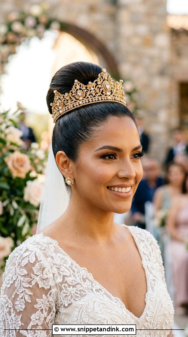 High Bun with Gold Crown - Snippet and Ink - 20 Bridal Hair with Crown Ideas