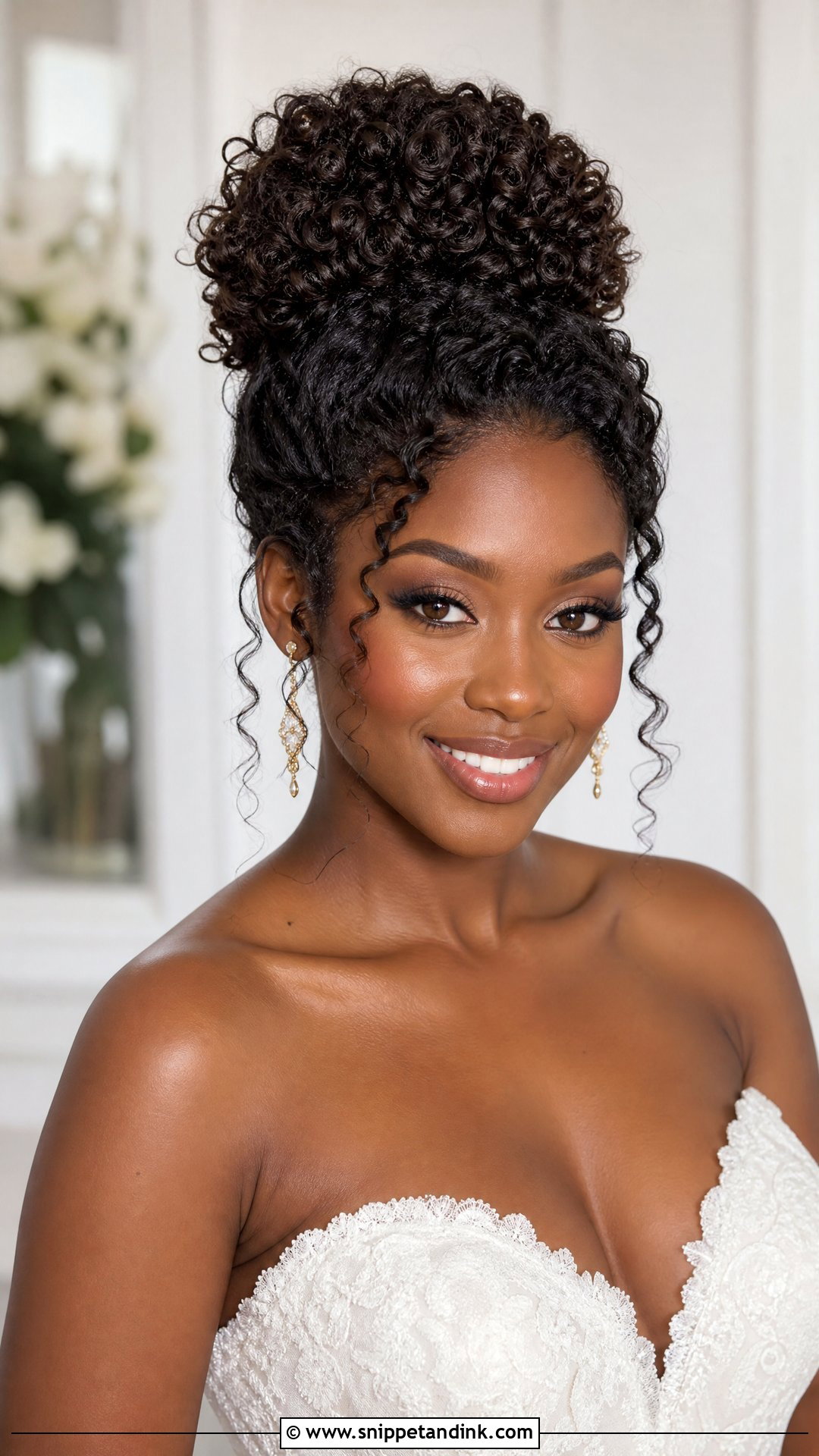 High Curly Hair Wedding Bun - Snippet and Ink - 15 Curly Hair Bun Wedding Ideas