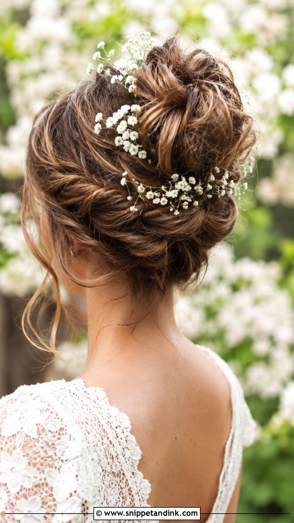 High Messy Bun With Babys Breath - Snippet and Ink - 25 High Messy Bun Wedding Hair Ideas