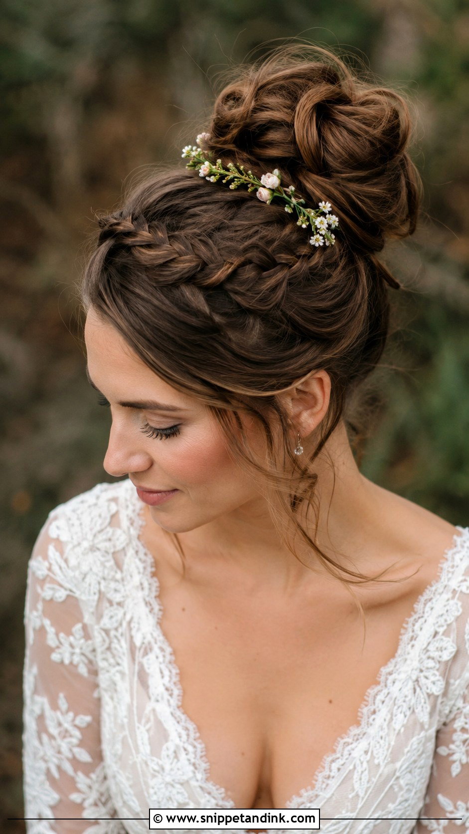 High Messy Bun With Braided Crown - Snippet and Ink - 25 High Messy Bun Wedding Hair Ideas