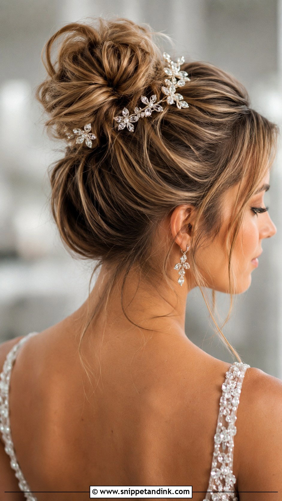 High Messy Bun With Crystal Hairpins - Snippet and Ink - 25 High Messy Bun Wedding Hair Ideas