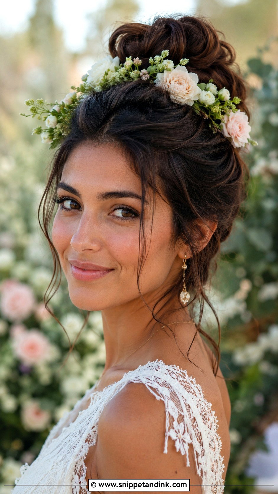 High Messy Bun With Floral Crown - Snippet and Ink - 25 High Messy Bun Wedding Hair Ideas