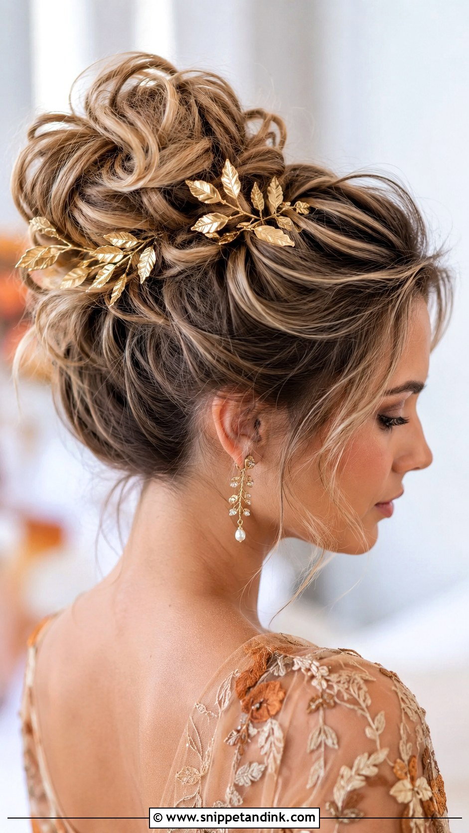 High Messy Bun With Gold Leaf Accents - Snippet and Ink - 25 High Messy Bun Wedding Hair Ideas