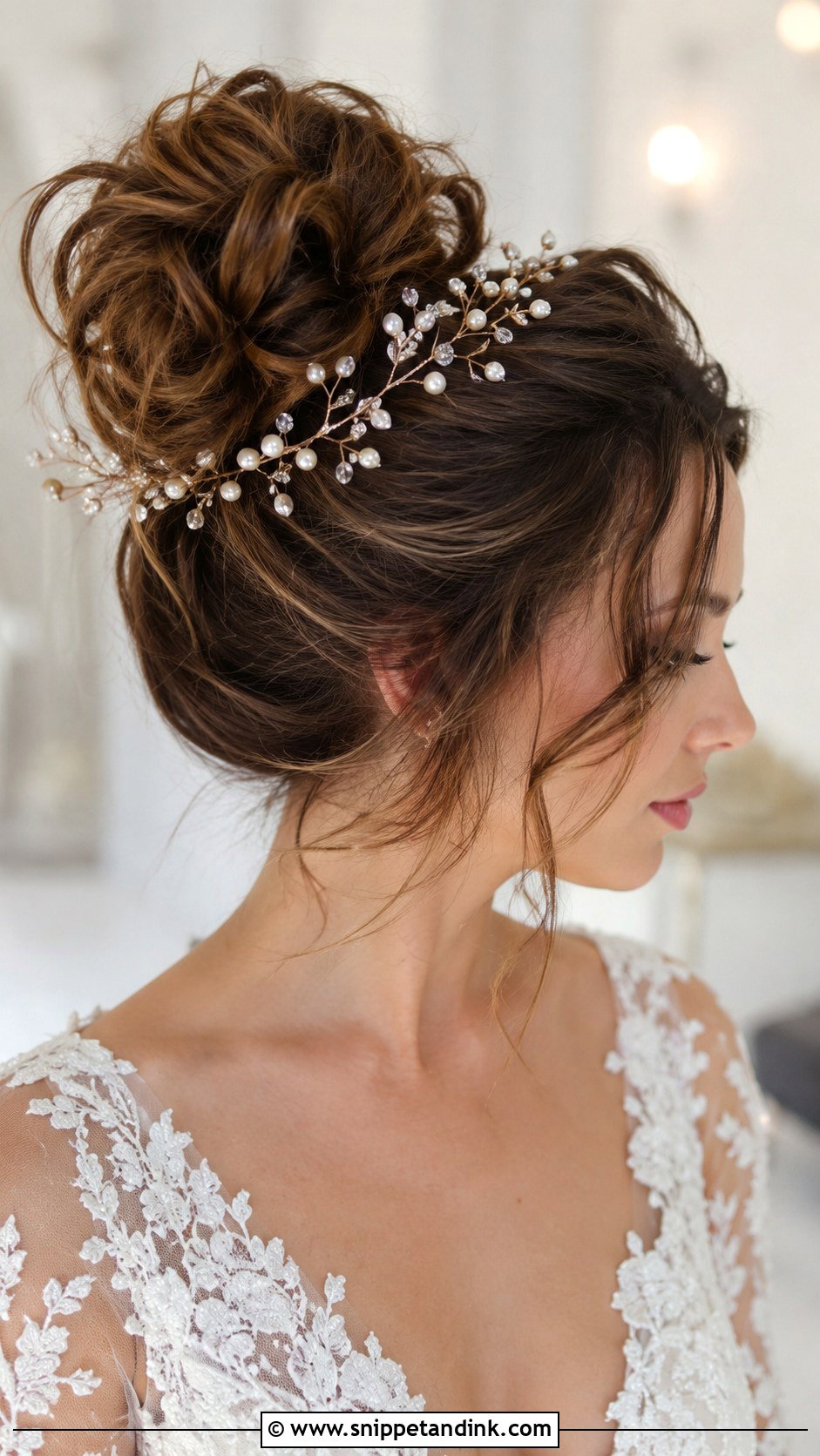 High Messy Bun With Hair Vine - Snippet and Ink - 25 High Messy Bun Wedding Hair Ideas
