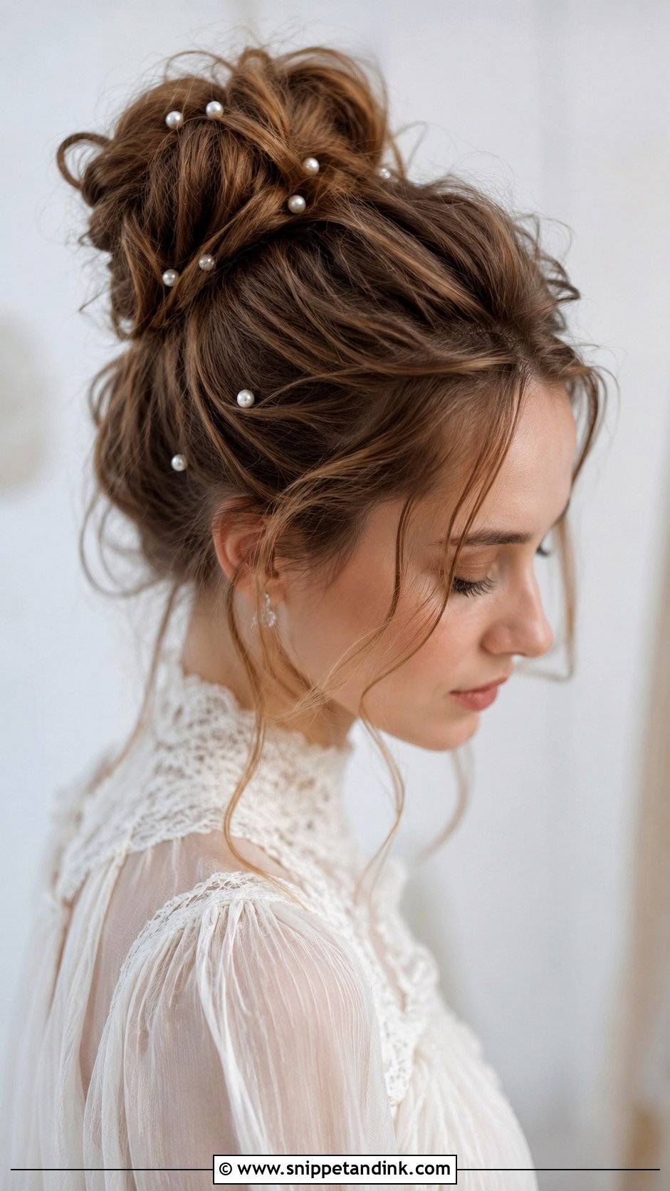 High Messy Bun With Pearl Pins - Snippet and Ink - 25 High Messy Bun Wedding Hair Ideas