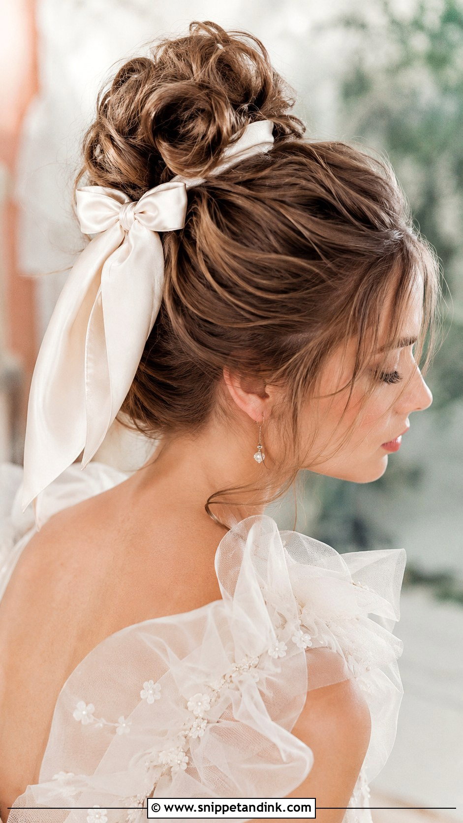 High Messy Bun With Ribbon Bow - Snippet and Ink - 25 High Messy Bun Wedding Hair Ideas