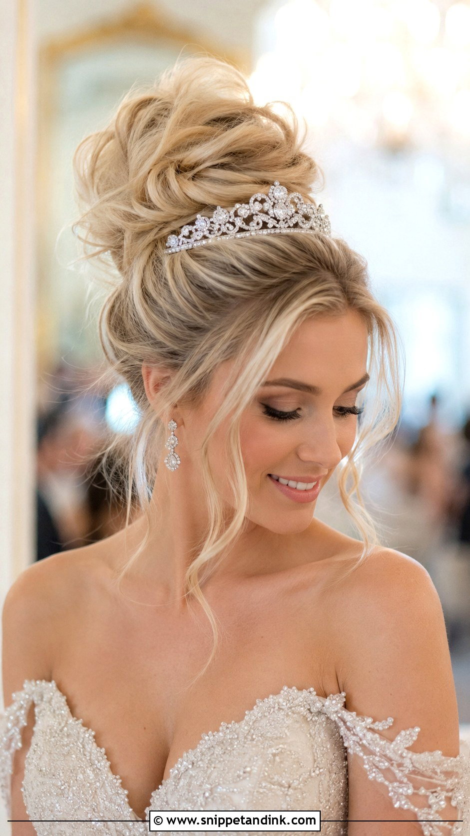 High Messy Bun With Tiara - Snippet and Ink - 25 High Messy Bun Wedding Hair Ideas