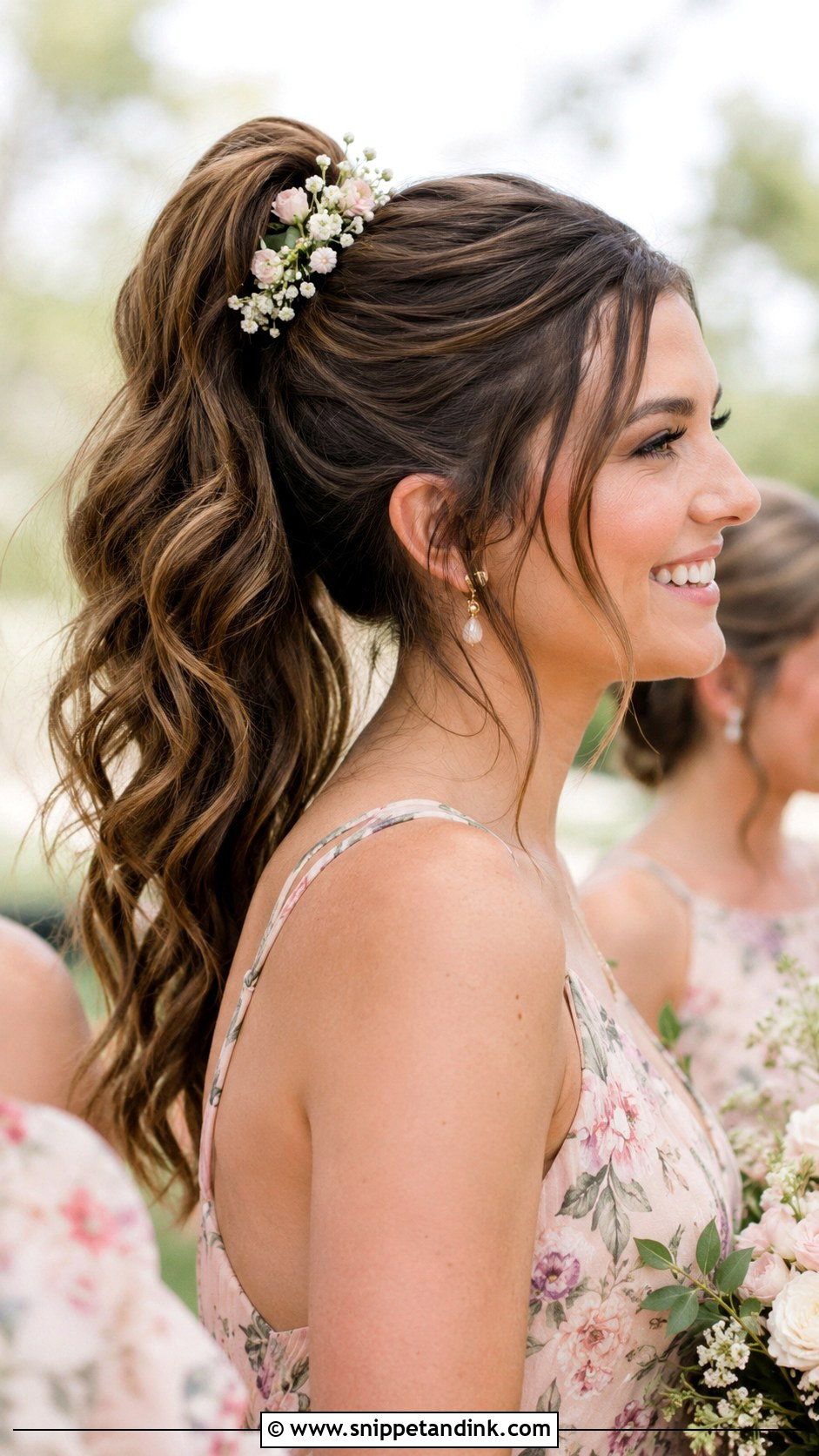 High Ponytail With Floral Accessories - Snippet and Ink - 20 High Ponytail Bridesmaid Hair Ideas