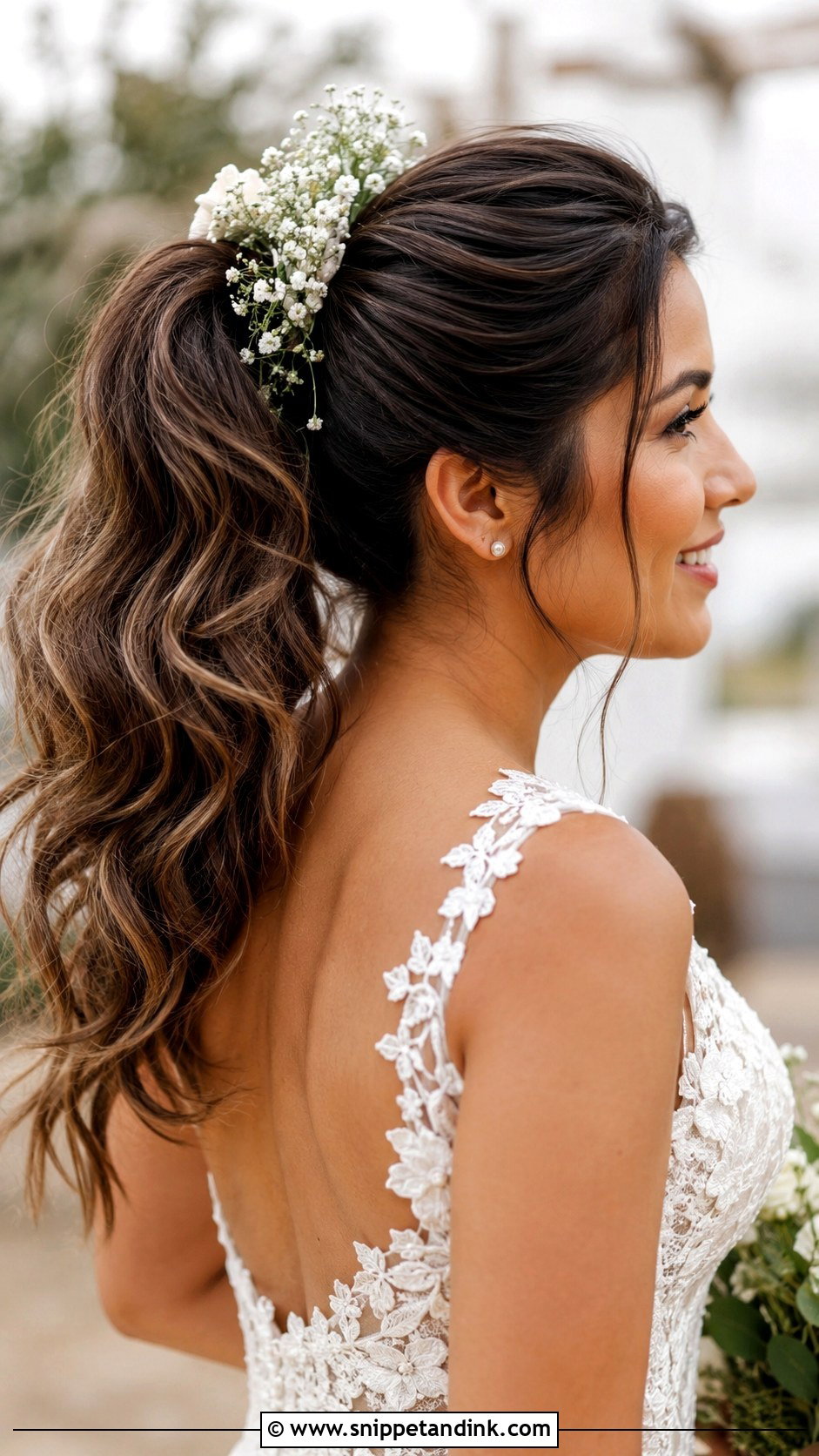 High Ponytail With Flowers Wedding Hairstyle - Snippet and Ink - 20 High Pony Wedding Hairstyles