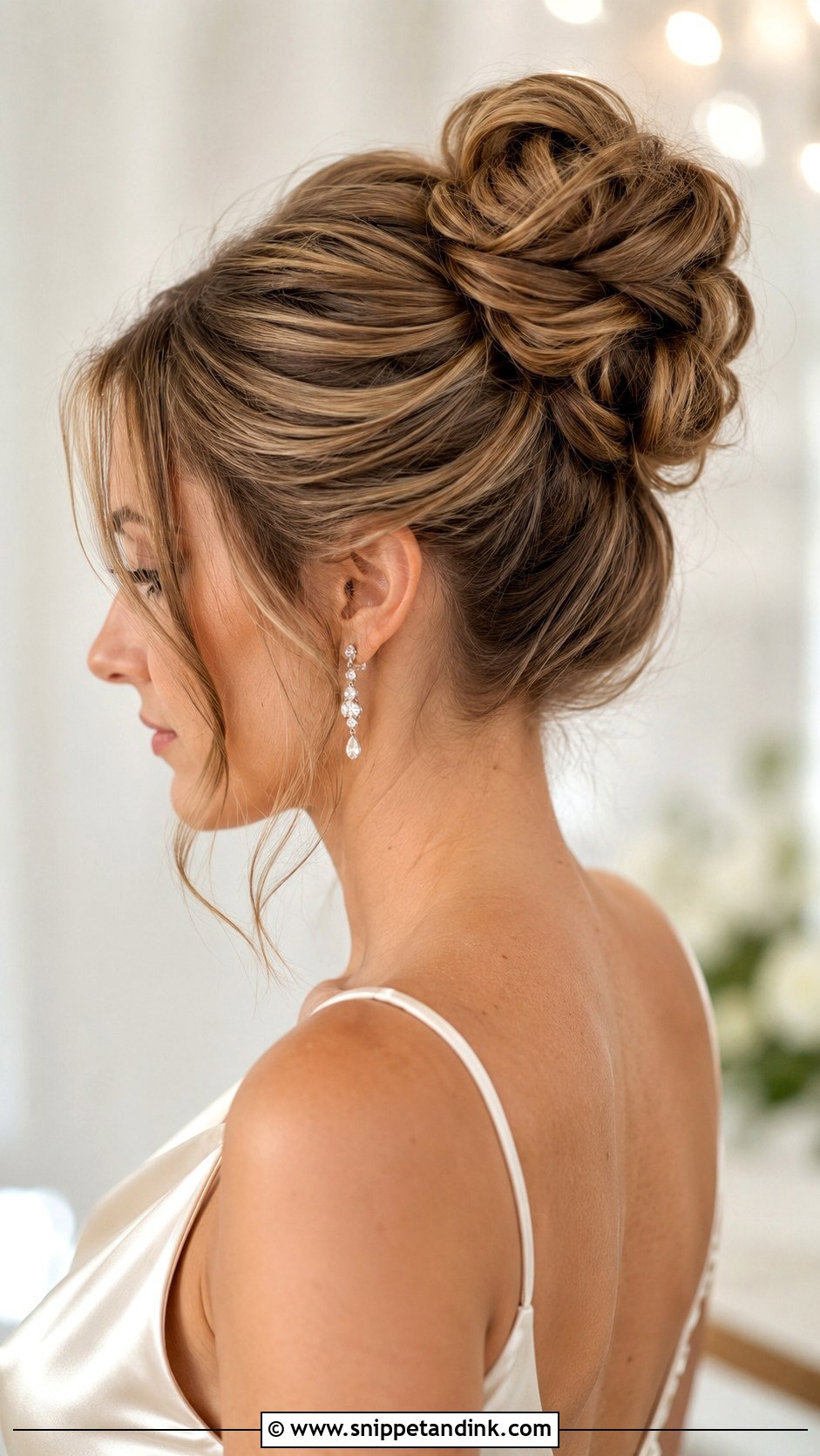 High Twisted Bun With Side Pieces - Snippet and Ink - 25 High Messy Bun Wedding Hair Ideas