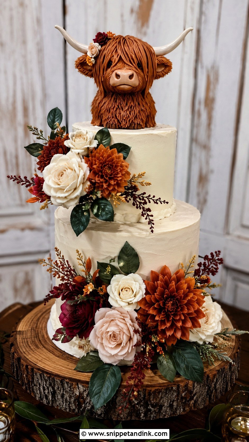 Highland Cow Wedding Cake With Autumn Flowers - Snippet and Ink - 20 Highland Cow Wedding Cake Ideas
