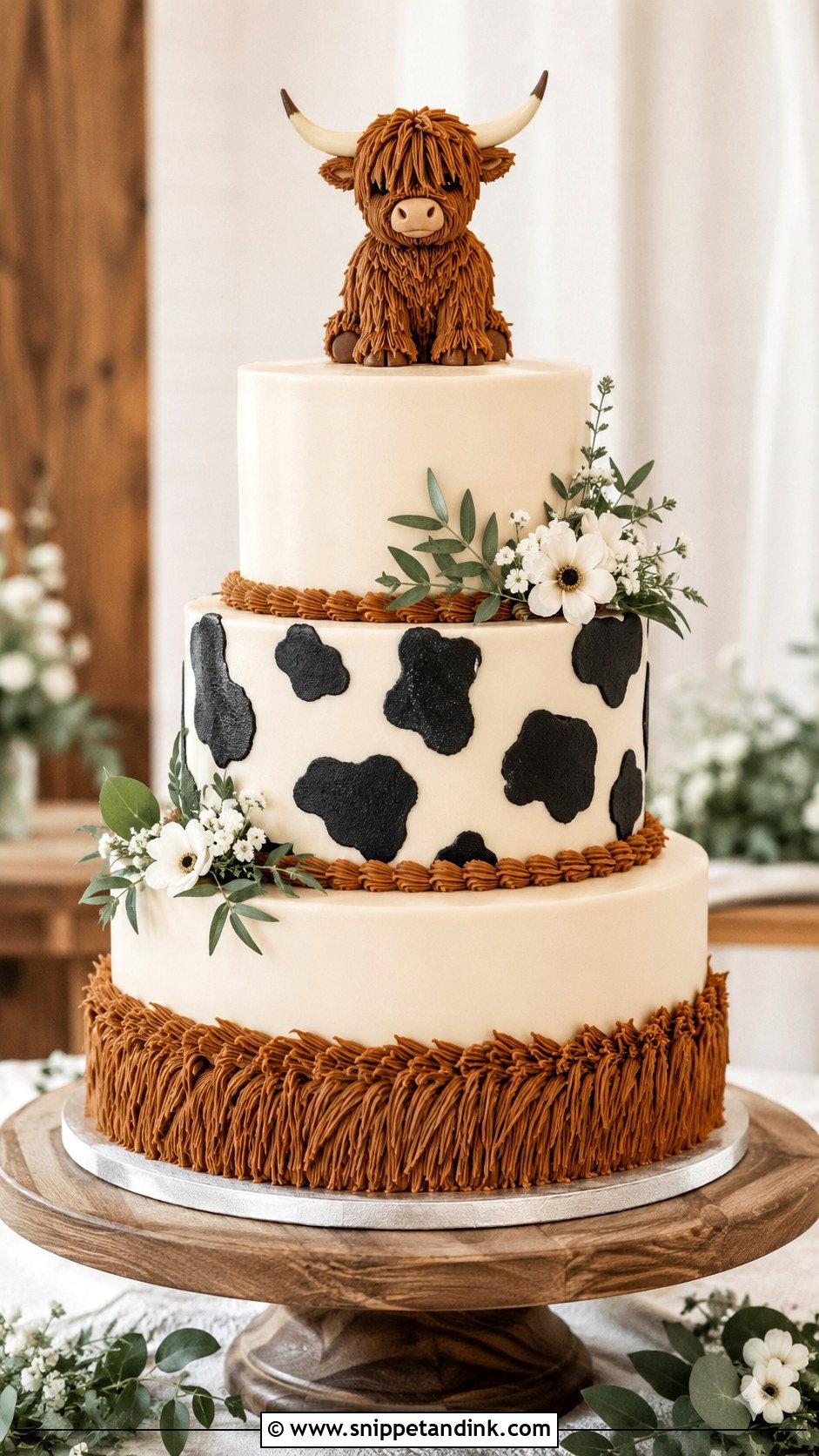 Highland Cow Wedding Cake With Black And White Cow Print - Snippet and Ink - 20 Highland Cow Wedding Cake Ideas