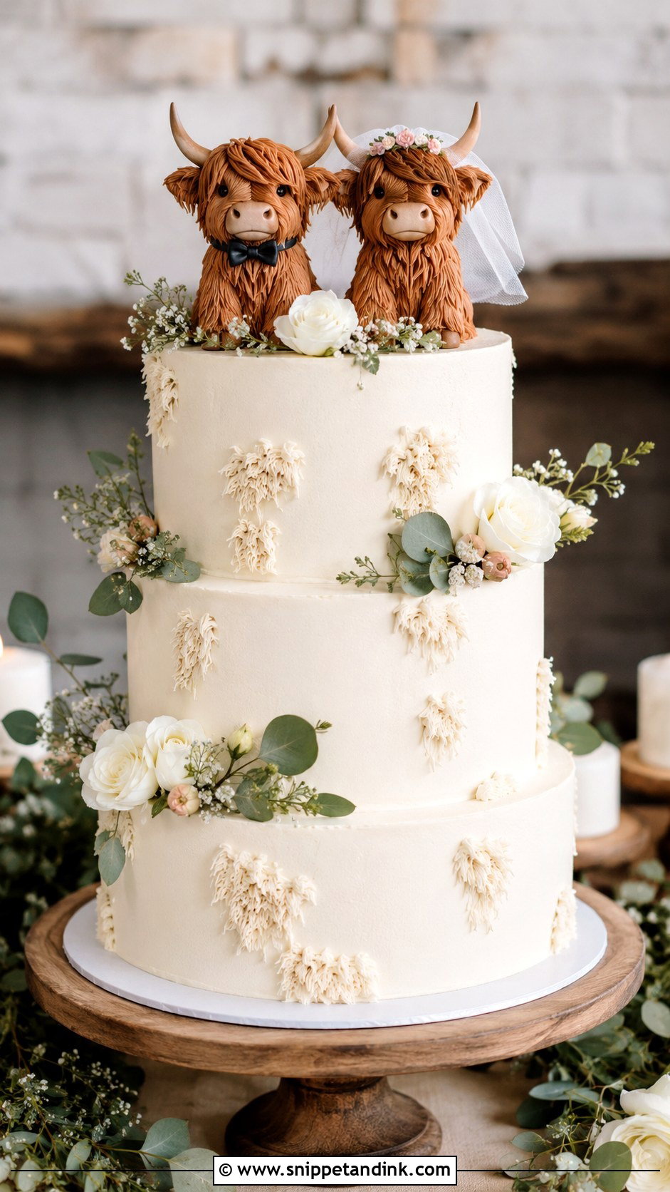 Highland Cow Wedding Cake With Bride And Groom Topper - Snippet and Ink - 20 Highland Cow Wedding Cake Ideas