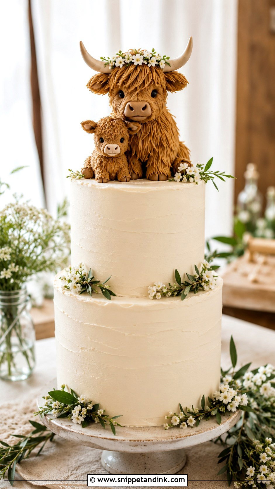 Highland Cow Wedding Cake With Calf Topper - Snippet and Ink - 20 Highland Cow Wedding Cake Ideas