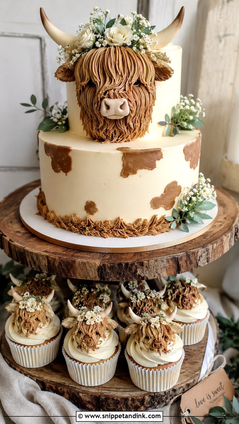 Highland Cow Wedding Cake With Cupcakes - Snippet and Ink - 20 Highland Cow Wedding Cake Ideas