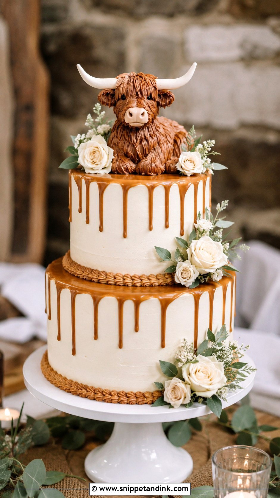 Highland Cow Wedding Cake With Drip - Snippet and Ink - 20 Highland Cow Wedding Cake Ideas
