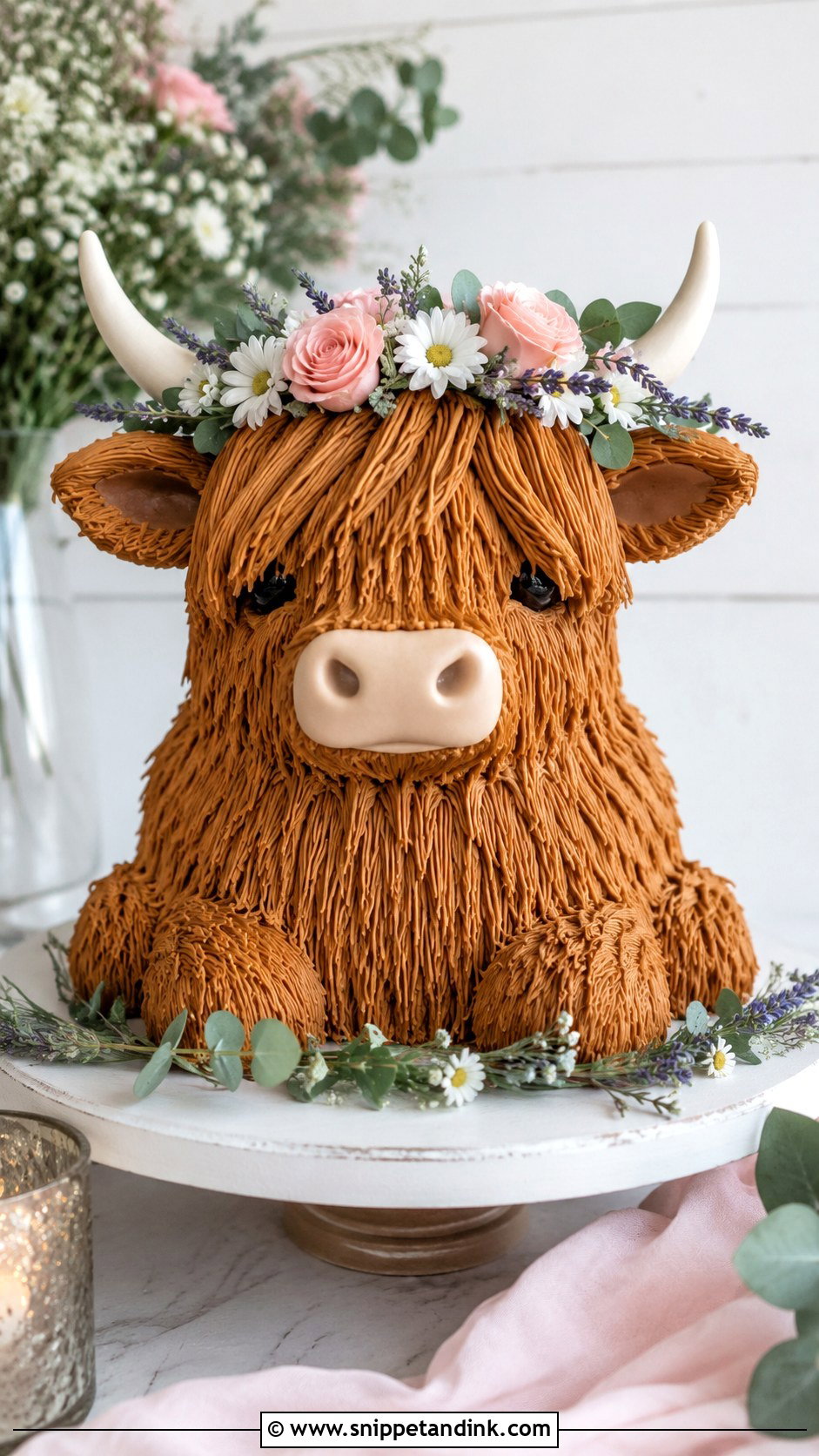 Highland Cow Wedding Cake With Floral Crown - Snippet and Ink - 20 Highland Cow Wedding Cake Ideas
