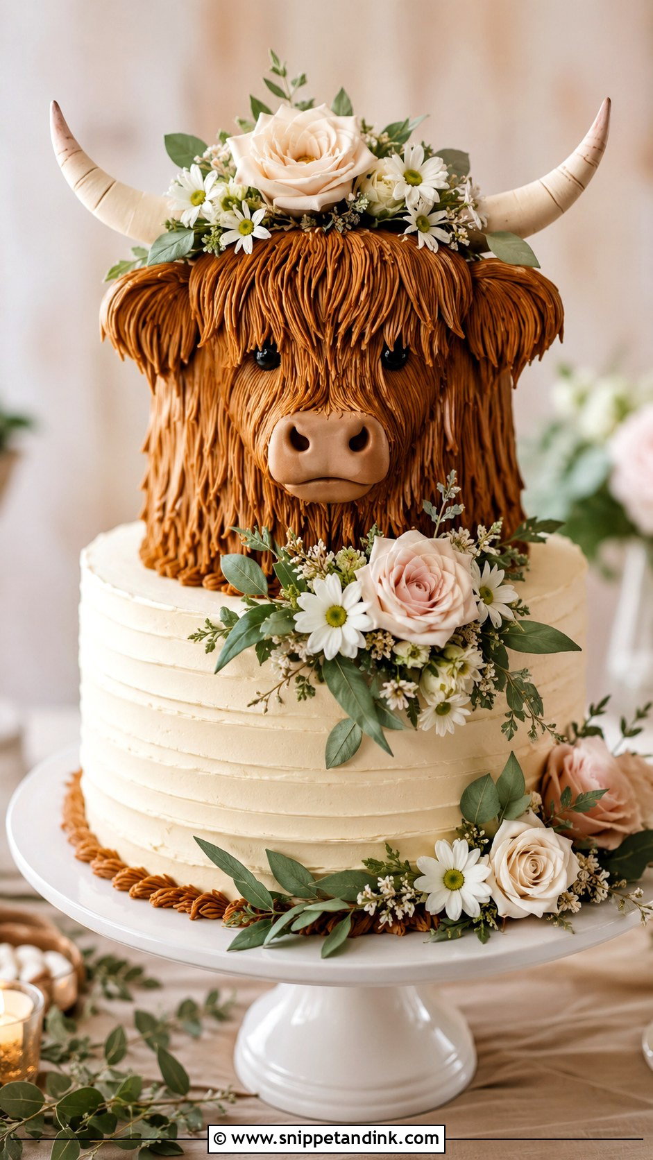 Highland Cow Wedding Cake With Flowers - Snippet and Ink - 20 Highland Cow Wedding Cake Ideas