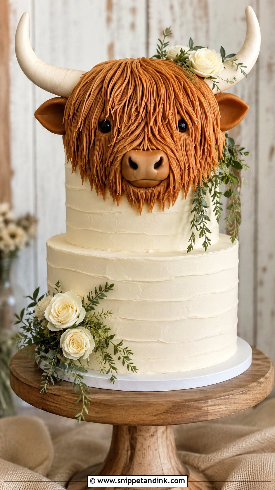 Highland Cow Wedding Cake With Fondant Horns - Snippet and Ink - 20 Highland Cow Wedding Cake Ideas